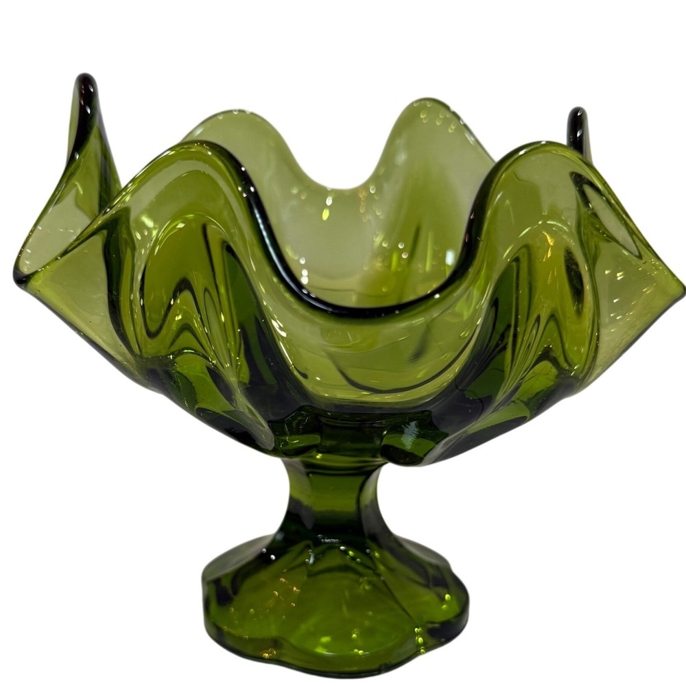Vintage Avocado Green Glass Compote Bowl MCM GrandmaCore Pedestal L.E. Smith